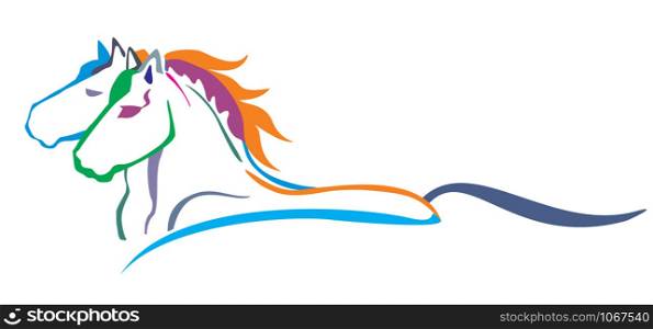 Colorful decorative portrait in profile of two running horses, vector isolated illustration in different colors on white background. Image for logo, design and tattoo.