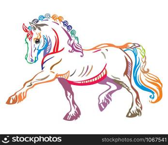 Colorful decorative portrait of pony steps in profile, training pony. Vector isolated illustration in different colors on white background. Image for design and tattoo.