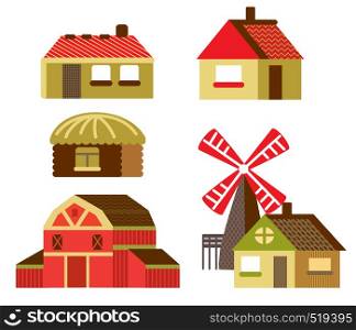 Colorful decorative set of outline red cartoon Barn, mill and country houses. Farm vector cartoon flat illustration in different colors isolated on white background.