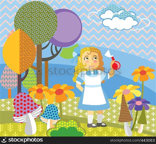 Colorful decorative vector image girl in blue dress standing in forest. Alice in Wonderland - Fictional Character, vector cartoon flat illustration in different colors with seamless pattern elements.