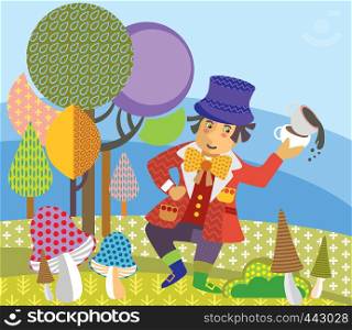 Colorful decorative vector image Mad Hatter with cup of tea dancing in forest. Alice in Wonderland - Fictional Character, vector cartoon flat illustration in different colors with seamless pattern elements.