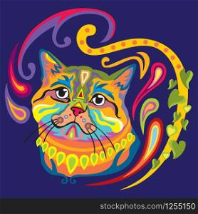 Colorful decorative zentangle doodle ornamental portrait of british cat. Decorative abstract vector illustration in different colors isolated on dark blue background. Stock illustration for design and tattoo.