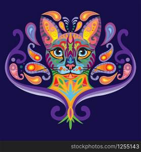 Colorful decorative zentangle doodle ornamental portrait of cat. Decorative abstract vector illustration in different colors isolated on dark blue background. Stock illustration for design and tattoo.