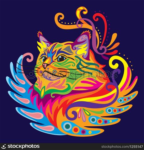 Colorful decorative zentangle doodle ornamental portrait of ragdoll cat. Decorative abstract vector illustration in different colors isolated on dark blue background. Stock illustration for design and tattoo.