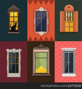 Colorful detailed night windows collection of different shapes and construction in flat style isolated vector illustration. Colorful Detailed Night Windows Collection