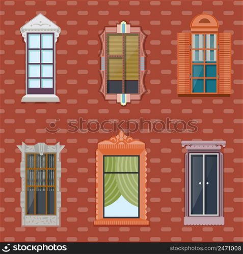 Colorful detailed windows flat set of different architecture and construction on brick wall background vector illustration. Colorful Detailed Windows Flat Set