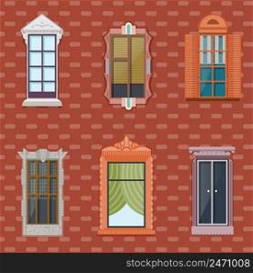 Colorful detailed windows flat set of different architecture and construction on brick wall background vector illustration. Colorful Detailed Windows Flat Set
