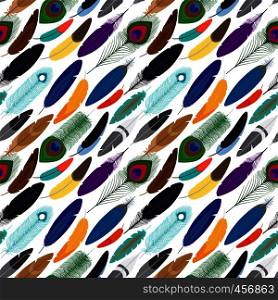Colorful different feathers seamless background. Vector illustration. Vector colorful feathers seamless background