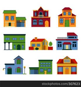 Colorful different houses with modern facade. Front view vector illustrations set. Front building house with door and window. Colorful different houses with modern facade. Front view vector illustrations set