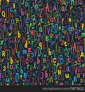 Colorful Different Letters on Black. Alphabet Seamless Pattern. Hand-drawn vector illustration