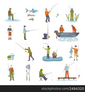 Colorful different ways fishing people fish accessory and tools for fishing isolated icons set on white background vector illustration. Fishing People Fish And Tools Icons Set