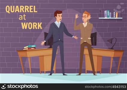 Colorful Disagreement Template. Colorful disagreement template with two angry quarreling employees at job in flat style vector illustration