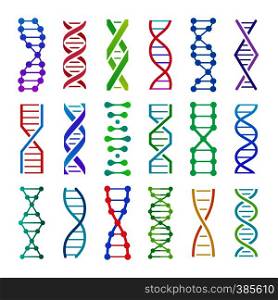 Colorful DNA icon. ADN structure spiral, deoxyribonucleic acid medical research and human biology genetics code. Chemistry adn or biology genome dna molecule. Vector isolated icons set. Colorful DNA icon. ADN structure spiral, deoxyribonucleic acid medical research and human biology genetics code vector icons set