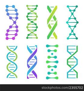 Colorful DNA icons. Spiral molecule structure for scientific research. Human genetic code with information. Medical or microbiological examination, microscopic helix genes isolated vector set. Colorful DNA icons. Spiral molecule structure for scientific research. Human genetic code with information