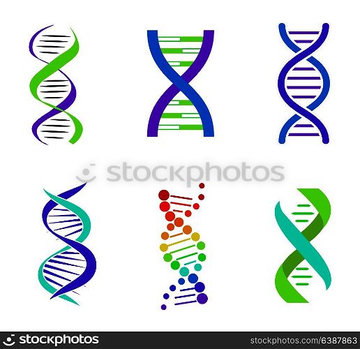 Colorful DNA spirals bright vector illustration with curved strands pair linked by straight lines different shape DNA cells isolated on white backdrop. Colorful DNA Spirals, Bright Vector Illustration