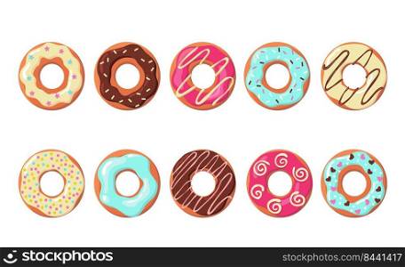 Colorful donuts set. Rows of sweet doughnuts with different icing, blue, chocolate, strawberry top. Flat vector illustration for dessert, cake, snack concept