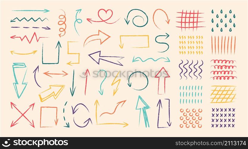 Colorful doodle arrows. Children pencil drawing of direction arrows and abstract minimalistic patterns, curly and wave orientation pointers. Vector illustrations navigation various directional pointer. Colorful doodle arrows. Children pencil drawing of direction arrows and abstract minimalistic patterns, curly and wave orientation pointers. Vector navigation