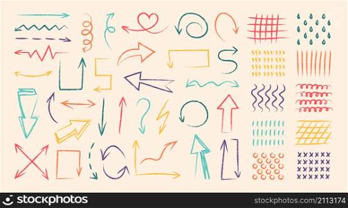 Colorful doodle arrows. Children pencil drawing of direction arrows and abstract minimalistic patterns, curly and wave orientation pointers. Vector illustrations navigation various directional pointer. Colorful doodle arrows. Children pencil drawing of direction arrows and abstract minimalistic patterns, curly and wave orientation pointers. Vector navigation
