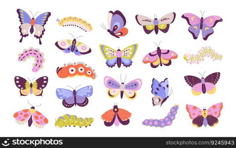 Colorful doodle butterfly and caterpillars. Moth, cartoon floral garden insects. Amazing isolated butterflies, isolated flying insect vector set of insect cartoon, moth and caterpillar illustration. Colorful doodle butterfly and caterpillars. Moth, cartoon floral garden insects. Amazing isolated butterflies, isolated flying racy insect vector set