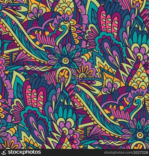 Colorful doodle floral seamless pattern. Design for wrapping paper, cover, fabric, textile, wallpaper, curtains. Colorful pattern with paisley and stylized flowers.