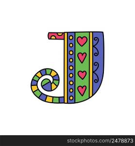 Colorful doodle letter J. Hand drawn line ABC. Sketch alphabet. Kids illustration.. Colorful doodle letter J. Hand drawn line ABC. Sketch alphabet. Kids illustration