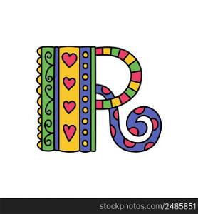 Colorful doodle letter R. Hand drawn line ABC. Sketch alphabet. Kids illustration.. Colorful doodle letter R. Hand drawn line ABC. Sketch alphabet. Kids illustration