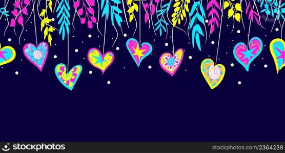 Colorful doodle paper hearts, hanging on threads with herbs, leaves, on dark-blue background. Fancy hand-drawn Valentine design, cute childlike pattern. Simple modern seamless border with copy space. Doodle hearts, herbs, leaves as seamless border