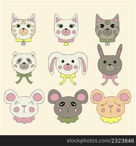 Colorful doodle pattern of cute little animal faces. Cartoon style. Hand drawn vector illustration. Design for T-shirt, textile and prints.