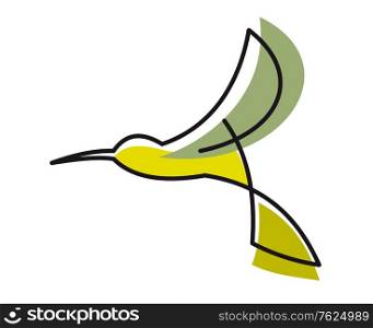 Colorful doodle sketch in flowing lines of a flying stylized hummingbird on white background