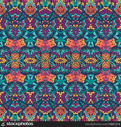 Colorful doodle Vector seamless pattern. Indian psychedelic colorful fabric print. Vector seamless pattern ethnic tribal floral psychedelic colorful fabric print