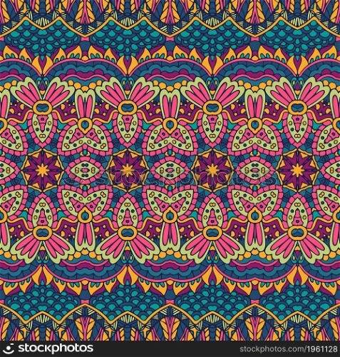 Colorful doodle Vector seamless pattern. Indian psychedelic colorful fabric print. Vector illustration. Abstract geometric arabesque surafece design seamless pattern ornamental.