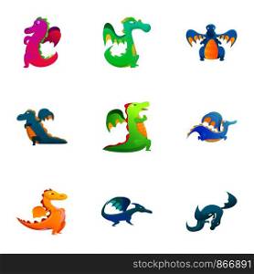 Colorful dragon icon set. Cartoon set of 9 colorful dragon vector icons for web design isolated on white background. Colorful dragon icon set, cartoon style