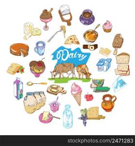 Colorful drawing farm elements round concept with fresh organic dairy and milk products isolated vector illustration. Colorful Drawing Farm Elements Round Concept