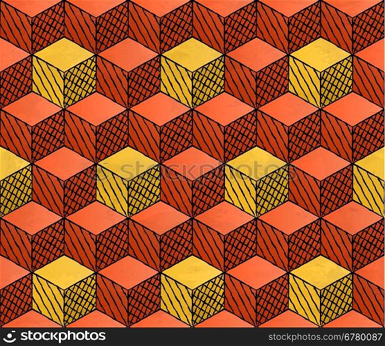 Colorful drawing styled cubes puzzle seamless pattern