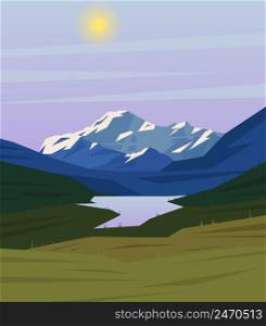 Colorful drawing summer nature landscape background with green meadow lake and mountains vector illustration. Colorful Drawing Nature Landscape Background
