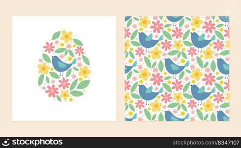 Colorful drawing with simple birds and flowers. Texture for fabric, paper, cards.. Vector Happy Easter templates. Easter egg from flowers and birds and seamless pattern. Suitable for spring and Easter cards and invitations.