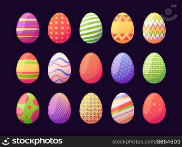 Colorful easter eggs. Cartoon flat traditional elements with decorative texture for holiday card design, spring Easter celebration concept. Vector set of easter spring holiday illustration. Colorful easter eggs. Cartoon flat traditional elements with decorative texture for holiday card design, spring Easter celebration concept. Vector set