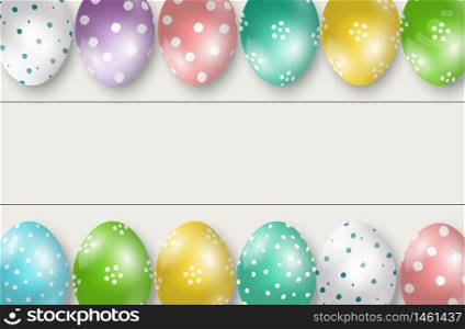 Colorful Easter eggs double edge border on white wooden background.Vector