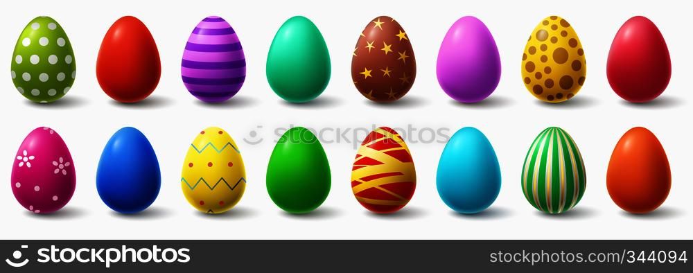 Colorful easter eggs. Holiday chicken egg decor, easter patterns. Chocolate easters eggs, traditional religion celebration egg decoration ornament. Realistic isolated vector illustration sign set. Colorful easter eggs. Holiday chicken egg decor, easter patterns realistic isolated vector illustration set