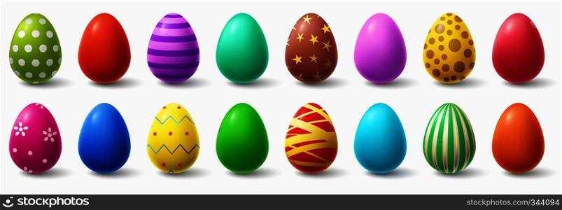 Colorful easter eggs. Holiday chicken egg decor, easter patterns. Chocolate easters eggs, traditional religion celebration egg decoration ornament. Realistic isolated vector illustration sign set. Colorful easter eggs. Holiday chicken egg decor, easter patterns realistic isolated vector illustration set