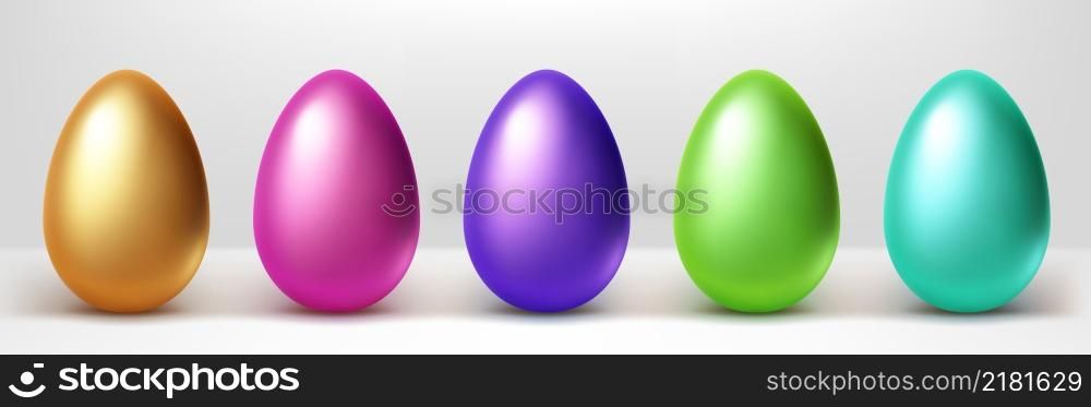 Colorful Easter eggs row, isolated gold, pink, purple, green and blue 3d vector objects on white background. Painted shiny chicken eggs, holiday decorative design elements, Realistic illustration, set. Colorful Easter eggs row, isolated design elements
