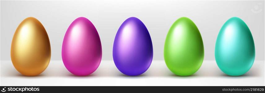 Colorful Easter eggs row, isolated gold, pink, purple, green and blue 3d vector objects on white background. Painted shiny chicken eggs, holiday decorative design elements, Realistic illustration, set. Colorful Easter eggs row, isolated design elements