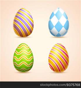 Colorful Easter eggs with striped and rhombus print in 3d illustration. Colorful Easter eggs collection