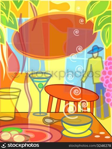 Colorful editable vector illustration of a cafe scene