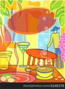 Colorful editable vector illustration of a cafe scene