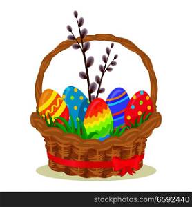 Colorful eggs, brench of willow, green grass in wicker basket isolated on white. Vector illustration of brown pannier with red ribbon on Easter holiday. Festive balls decorated various dots and lines.. Colorful Eggs, Brench of Willow in Wicker Basket