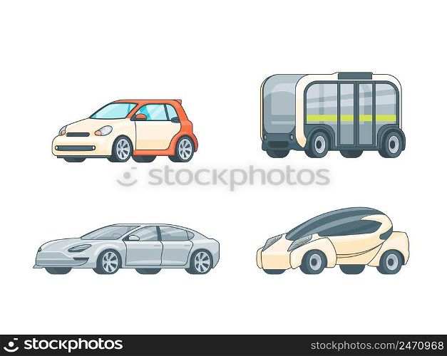 Colorful electric cars collection of different design and construction on white background isolated vector illustration . Colorful Electric Cars Collection