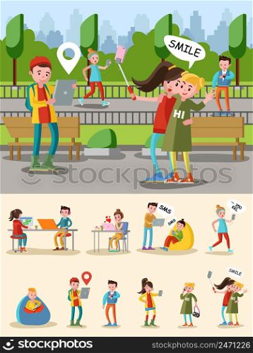 Colorful electronic gadgets composition with people and different modern devices in various situations vector illustration. Colorful Electronic Gadgets Composition