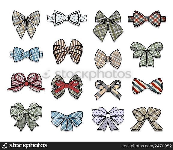 Colorful elegant bows collection of different shapes and texture on white background isolated vector illustration. Colorful Elegant Bows Collection