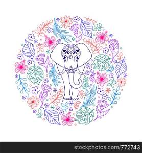 Colorful elephant and tropical flowers on white background